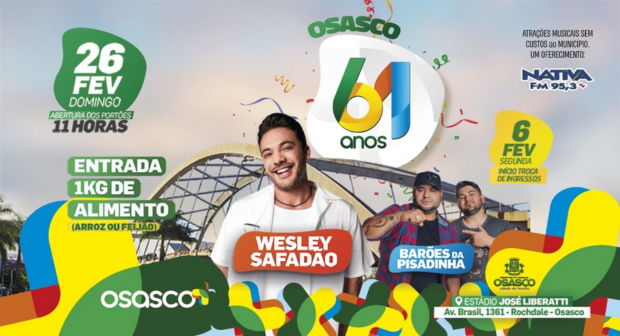 Osasco celebra 61 anos com shows de Wesley Safadão e Barões da Pisadinha